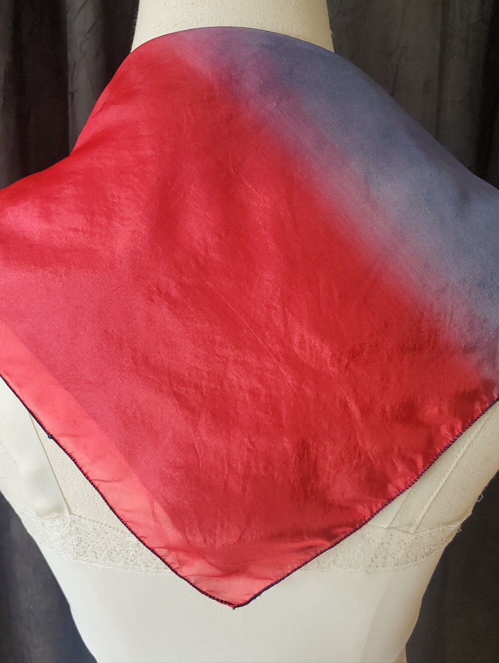 100% Silk Scarf Handkerchief BLUE RED OMBRE Vintage France 16 X 18" SQUARE